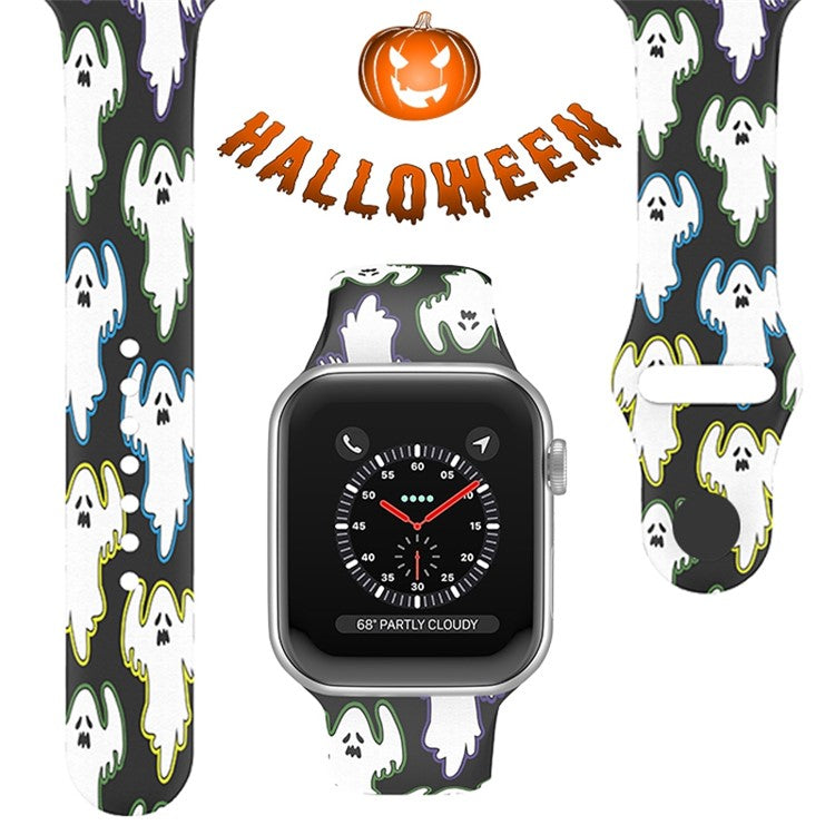 For Apple Watch Series 10 42mm / 9 8 7 41mm / 6 5 4 SE SE (2022) SE (2023) 40mm / 3 2 1 38mm Halloween Pattern Silicone Watch Band Replacement Wrist Strap, Size: S / M - Yellow / Blue Ghosts