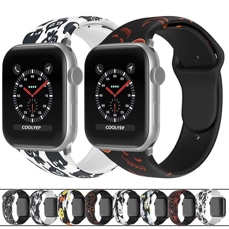 For Apple Watch Series 10 42mm / 9 8 7 41mm / 6 5 4 SE SE (2022) SE (2023) 40mm / 3 2 1 38mm Halloween Pattern Silicone Watch Band Replacement Wrist Strap, Size: S / M - Yellow / Blue Ghosts