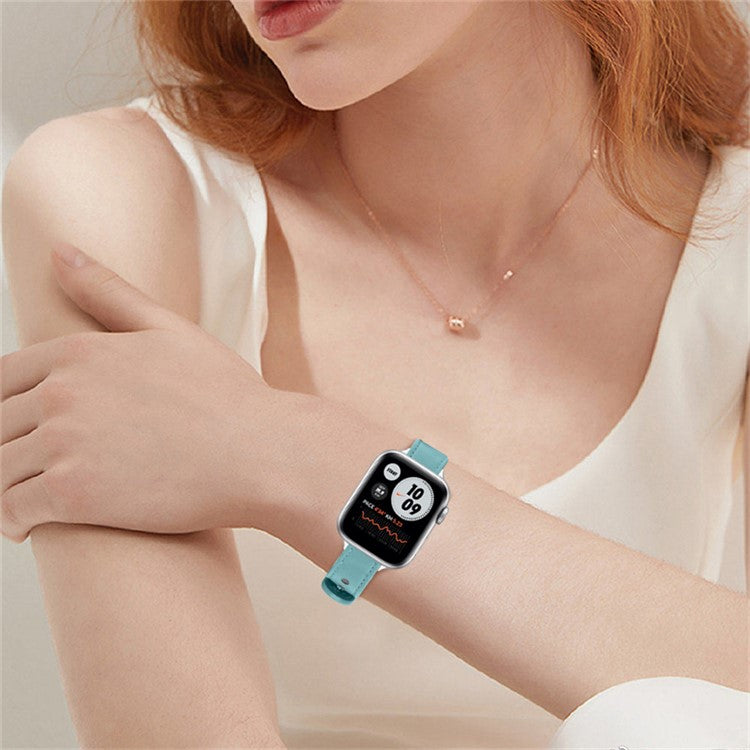 For Apple Watch Series 10 46mm / Ultra 2 Ultra 49mm / 9 8 7 45mm / SE (2023) SE (2022) SE 6 5 4 44mm / 3 2 1 42mm Top Grain Genuine Cowhide Leather Watch Strap with Rose Gold Connector - Baby Blue