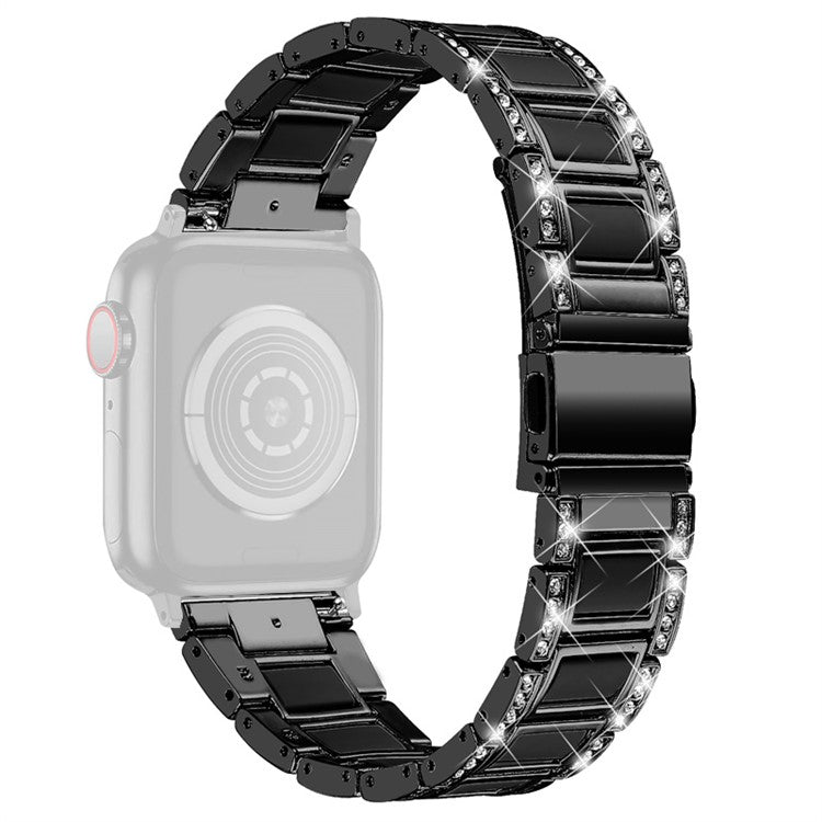 For Apple Watch Series 10 46mm / Ultra 2 Ultra 49mm / 9 8 7 45mm / SE (2023) SE (2022) SE 6 5 4 44mm / 3 2 1 42mm Resin Watch Band Rhinestone Decor Stainless Steel Strap - Black