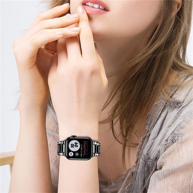 For Apple Watch Series 10 46mm / Ultra 2 Ultra 49mm / 9 8 7 45mm / SE (2023) SE (2022) SE 6 5 4 44mm / 3 2 1 42mm Resin Watch Band Rhinestone Decor Stainless Steel Strap - Black