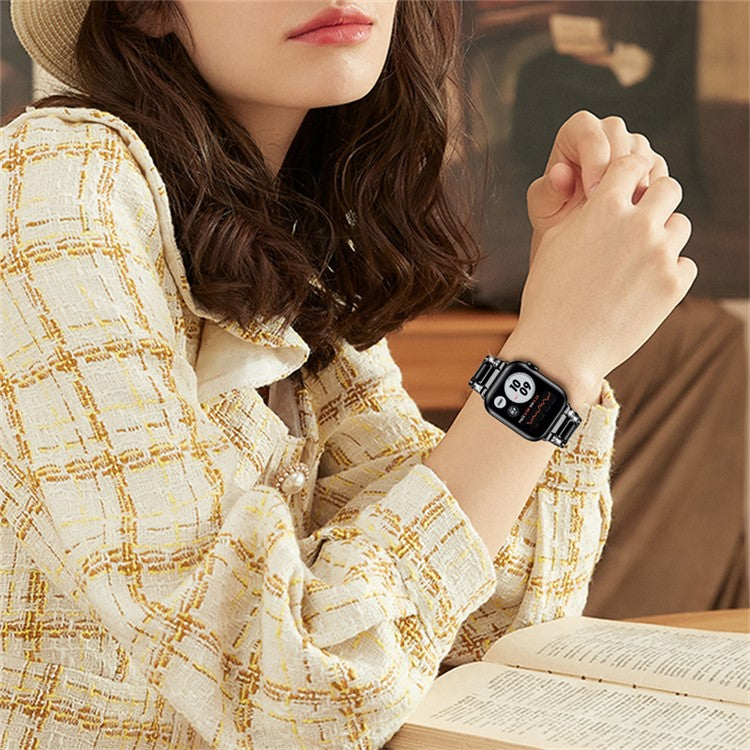 For Apple Watch Series 10 46mm / Ultra 2 Ultra 49mm / 9 8 7 45mm / SE (2023) SE (2022) SE 6 5 4 44mm / 3 2 1 42mm Resin Watch Band Rhinestone Decor Stainless Steel Strap - Black