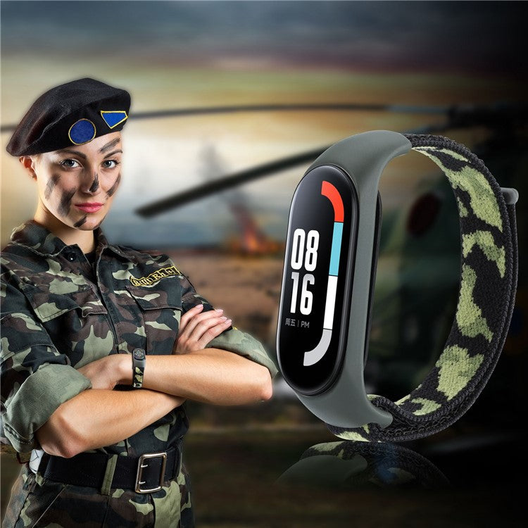 For Xiaomi Mi Band 5 / 6 / 7 Camouflage Nylon Adjustable Smart Watch Strap Replacement Wrist Band - Cyan