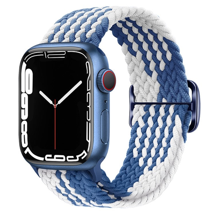 For Apple Watch Series 10 42mm / 9 8 7 41mm / 6 5 4 SE SE (2022) SE (2023) 40mm / 3 2 1 38mm Braided Stretchy Band Adjustable Elastic Soft Wristband Replacement - Z-Shape Blue / White