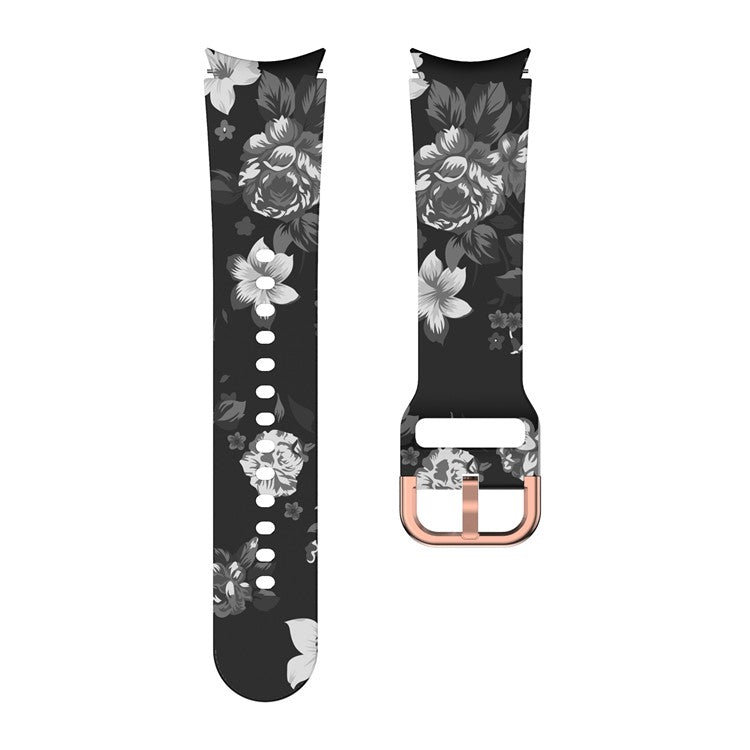 For Samsung Galaxy Watch 5 40mm / 44mm  /  5 Pro 45mm Pattern Printed Silicone Watch Strap 20mm Quick Release Watch Band with Buckle - Black Bottom Grey Flower