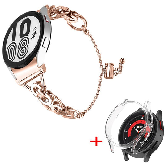 For Samsung Galaxy Watch 5 44mm Stainless Steel Band Bead Decor Bangle Bracelet with PC Protective Frame Cover - Rose Gold + Transparent  Watch Frame