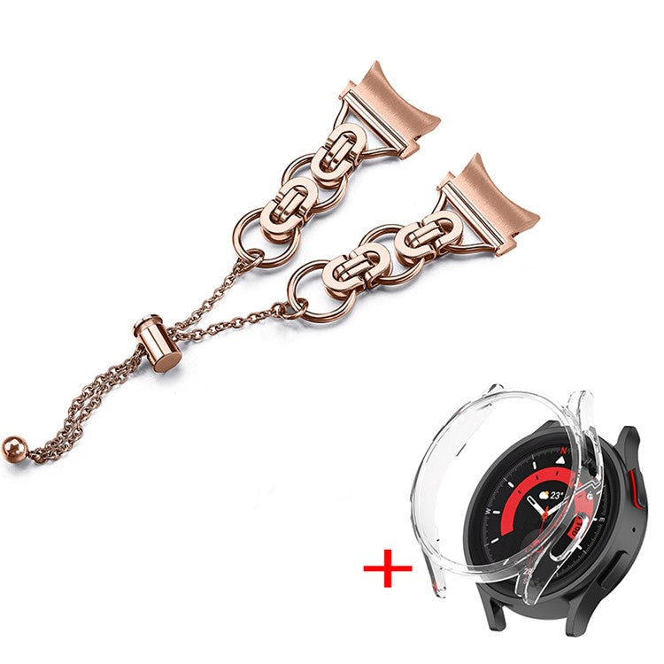 For Samsung Galaxy Watch 5 44mm Stainless Steel Band Bead Decor Bangle Bracelet with PC Protective Frame Cover - Rose Gold + Transparent  Watch Frame