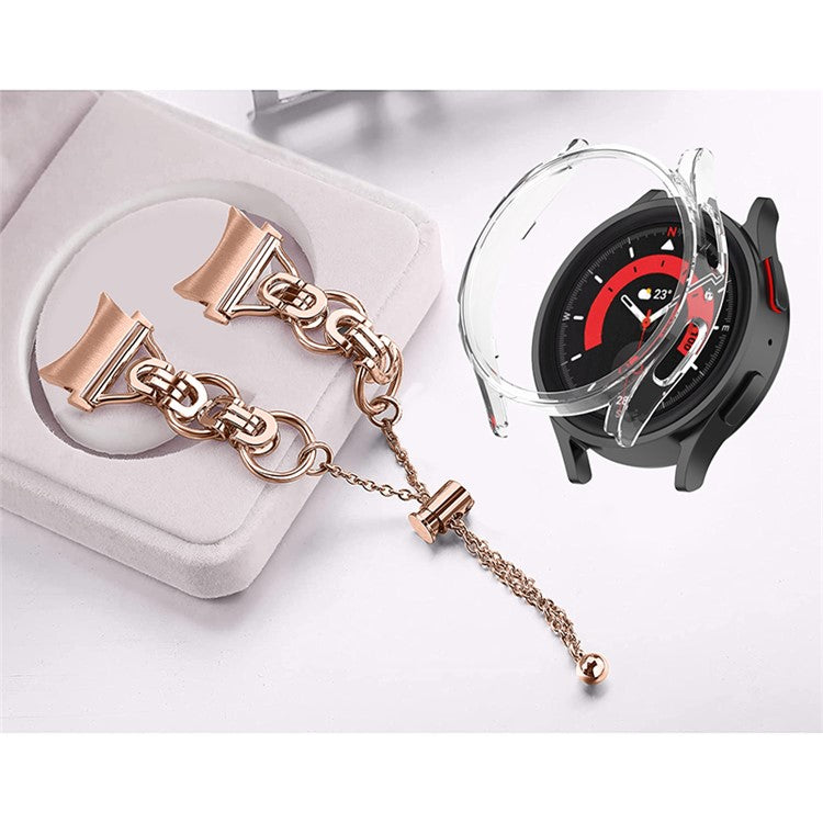 For Samsung Galaxy Watch 5 44mm Stainless Steel Band Bead Decor Bangle Bracelet with PC Protective Frame Cover - Rose Gold + Transparent  Watch Frame