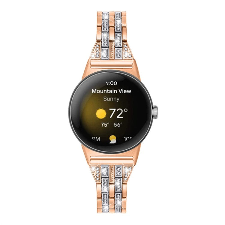 2 Rows Rhinestone Decor Watch Band for Google Pixel Watch 2 / Pixel Watch 5 Beads Metal Wrist Strap Replacement - Rose Gold / Silver