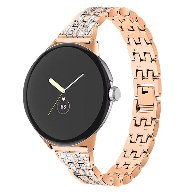 2 Rows Rhinestone Decor Watch Band for Google Pixel Watch 2 / Pixel Watch 5 Beads Metal Wrist Strap Replacement - Rose Gold / Silver