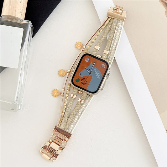 For Apple Watch Series 10 46mm / Ultra 2 Ultra 49mm /  Series 9 8 7 45mm / 6 5 4 SE (2023) SE (2022) SE 44mm / 3 2 1 42mm Metal Leather Strap Flower Pendant Bracelet Watch Band - Gold
