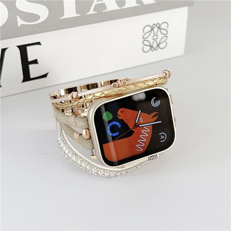 For Apple Watch Series 10 46mm / Ultra 2 Ultra 49mm /  Series 9 8 7 45mm / 6 5 4 SE (2023) SE (2022) SE 44mm / 3 2 1 42mm Metal Leather Strap Flower Pendant Bracelet Watch Band - Gold