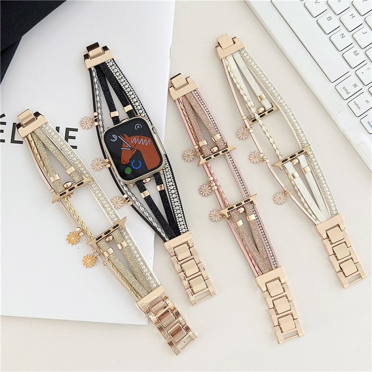 For Apple Watch Series 10 46mm / Ultra 2 Ultra 49mm /  Series 9 8 7 45mm / 6 5 4 SE (2023) SE (2022) SE 44mm / 3 2 1 42mm Metal Leather Strap Flower Pendant Bracelet Watch Band - Gold