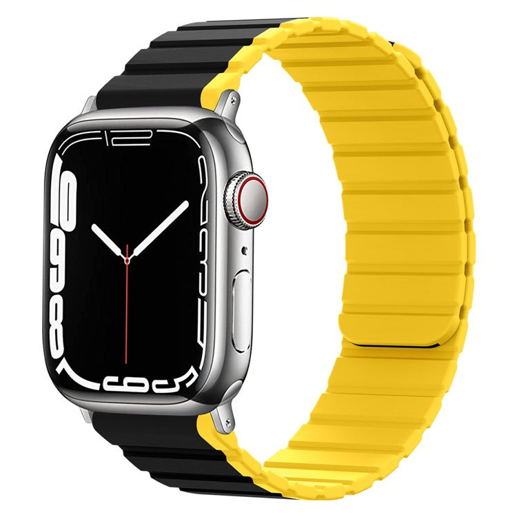 Silicone Watch Band for Apple Watch Series 10 42mm / 9 8 7 41mm / SE (2023) SE (2022) SE 6 5 4 40mm / 3 2 1 38mm Dual Color Adjustable Magnetic Strap - Black / Yellow
