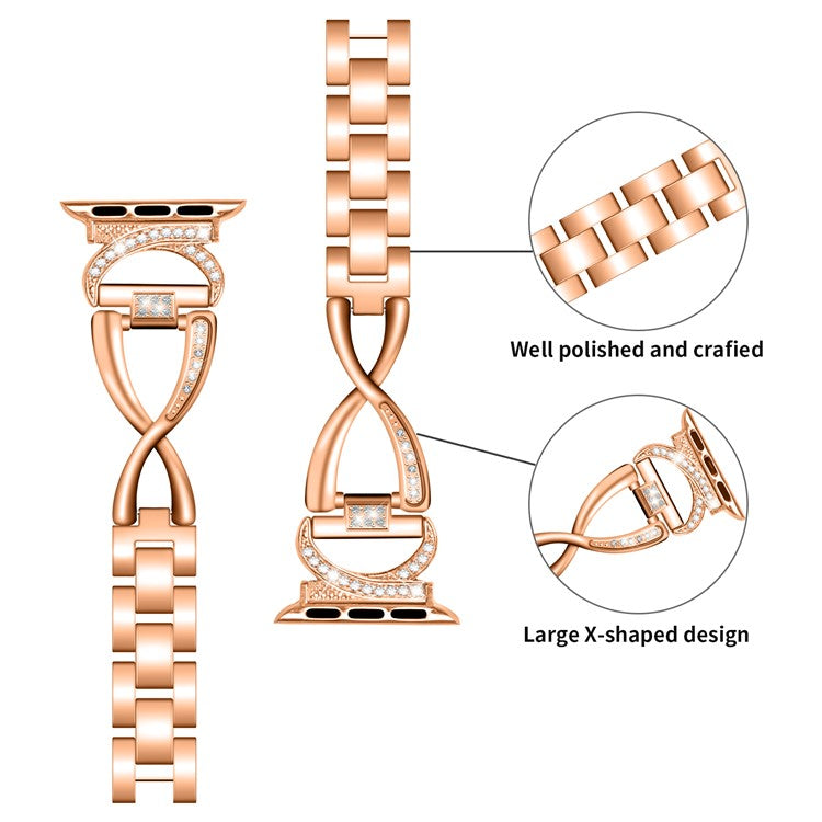 Watch Band for Apple Watch Series 10 46mm / Ultra 2 Ultra 49mm /  Series 9 8 7 45mm / 6 5 4 SE (2023) SE (2022) SE 44mm / 3 2 1 42mm Rhinestones Decor Alloy Strap - Rose Gold