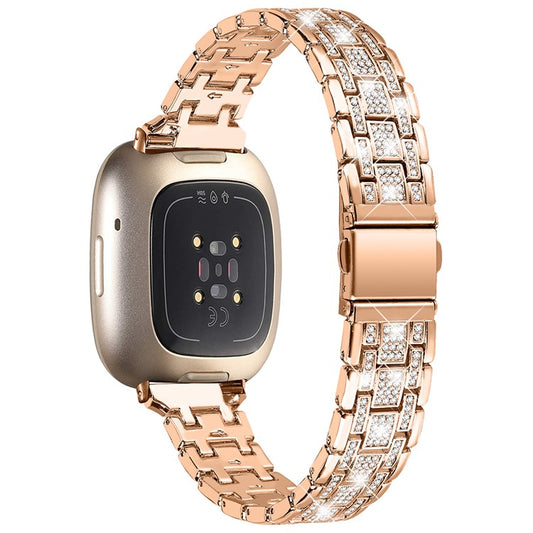 For Fitbit Versa 4 / Sense 2 Rhinestones Decor Metal Watch Band 5 Beads Dual Press Buckle Dressy Replacement Bracelet - Rose Gold