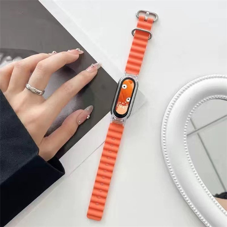 For Xiaomi Smart Band 8 Silicone Watch Strap Adjustable Ocean Watch Band with Transparent Case - Orange+Transparent Case