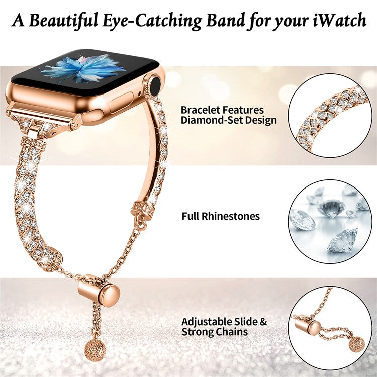 Dressy Bracelet for Apple Watch Series 10 46mm / Ultra 2 Ultra 49mm /  Series 9 8 7 45mm / 6 5 4 SE (2023) SE (2022) SE 44mm / 3 2 1 42mm , Rhinestone Decor Copper Watch Band - Rose Gold