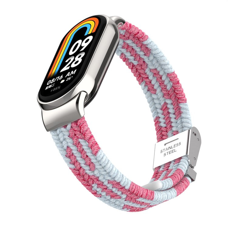 For Xiaomi Smart Band 9 NFC / 9 / 8 NFC / 8 Braided Nylon Watch Band Adjustable Buckle Elastic Strap - Pink / White