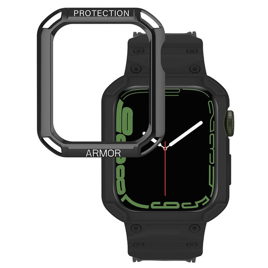 For Apple Watch Series 8 / 7 45mm / 6 / 5 / 4 / SE / SE (2022) 44mm 2-in-1 TPU Watchband Watch Case with PC Top Cover - Black+Black