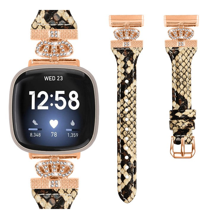 For Fitbit Versa 3 / 4 / Sense / Sense 2 Rose Gold Buckle Watch Strap Crown Rhinestone Band - Snake Texture
