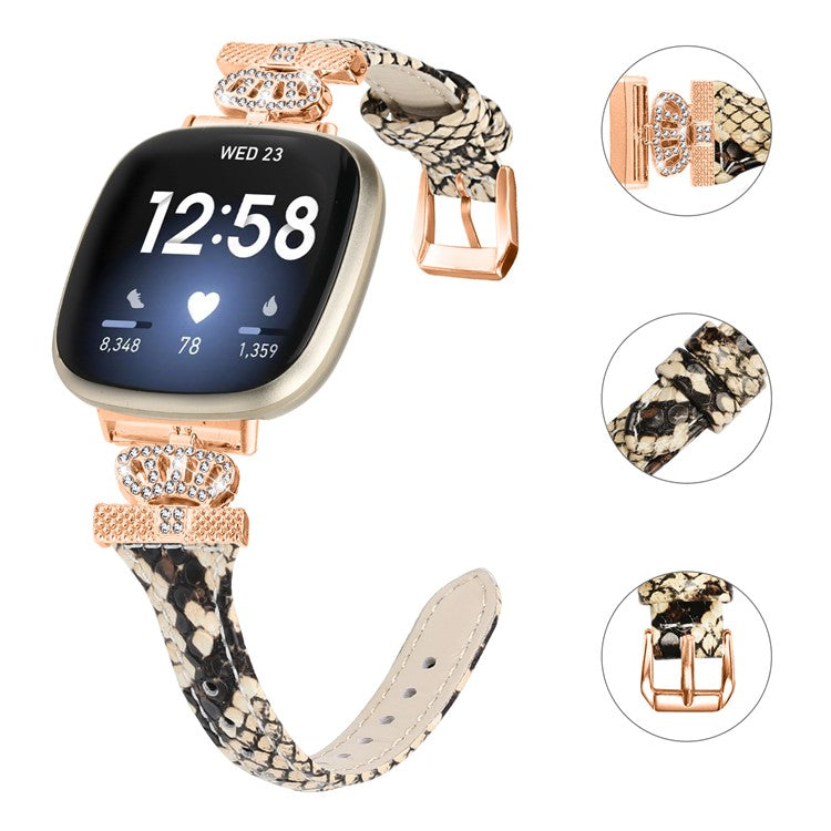 For Fitbit Versa 3 / 4 / Sense / Sense 2 Rose Gold Buckle Watch Strap Crown Rhinestone Band - Snake Texture
