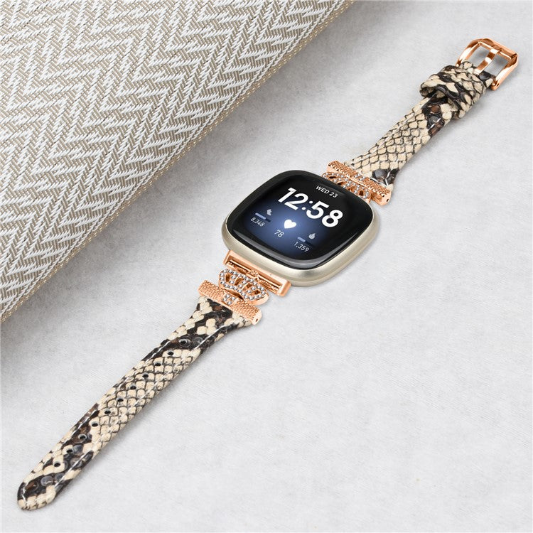 For Fitbit Versa 3 / 4 / Sense / Sense 2 Rose Gold Buckle Watch Strap Crown Rhinestone Band - Snake Texture