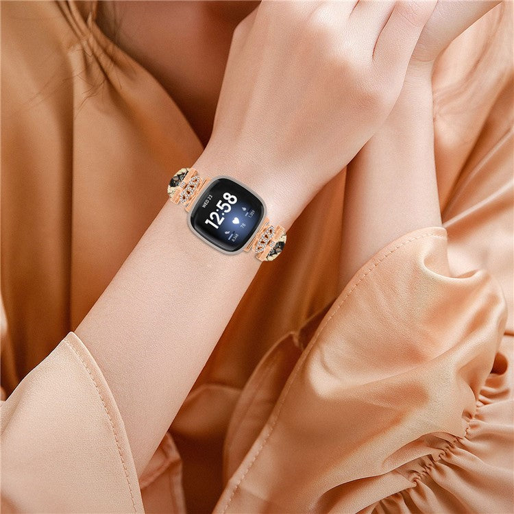For Fitbit Versa 3 / 4 / Sense / Sense 2 Rose Gold Buckle Watch Strap Crown Rhinestone Band - Snake Texture