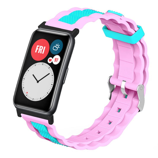 For Huawei Watch Fit / Watch Fit Special Edition Watch Band Dual Color Wave Design Silicone Strap - Pink+Teal Green