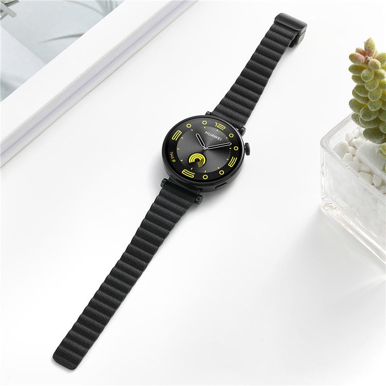 18mm Universal Watch Band Genuine Cow Leather Coated Silicone Magnetic Strap Replacement - Black