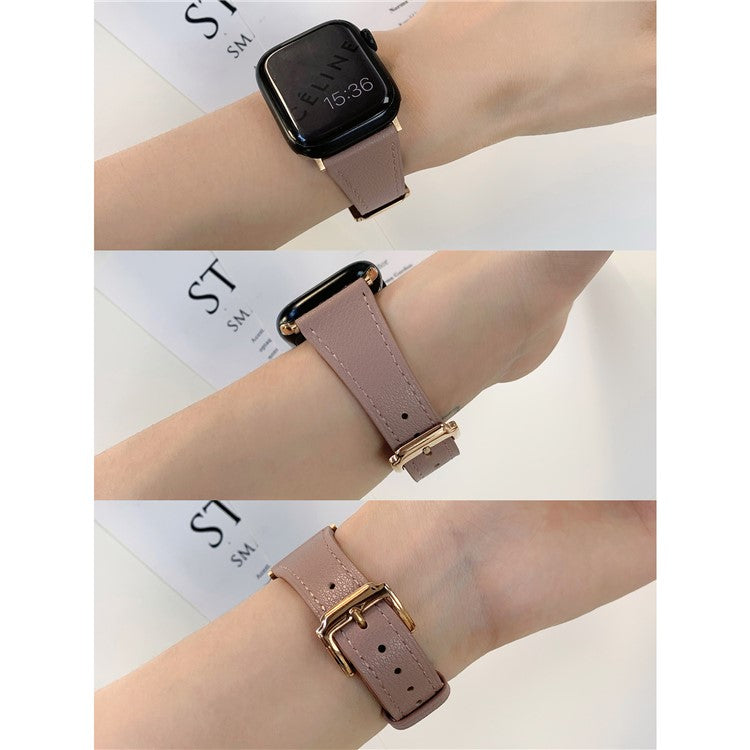 Watch Band for Apple Watch Series 10 42mm / 9 8 7 41mm / SE (2023) SE (2022) SE 6 5 4 40mm / 3 2 1 38mm Genuine Cow Leather Watch Strap - Lotus Pink