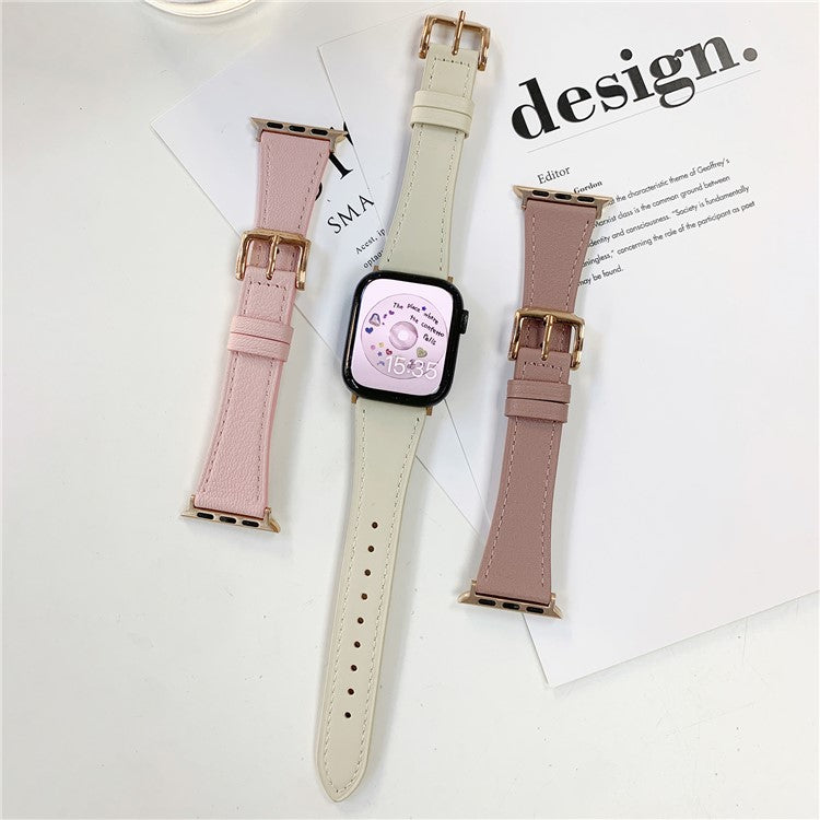 Watch Band for Apple Watch Series 10 42mm / 9 8 7 41mm / SE (2023) SE (2022) SE 6 5 4 40mm / 3 2 1 38mm Genuine Cow Leather Watch Strap - Lotus Pink