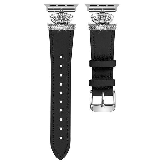 Leather Strap for Apple Watch 10 46mm / Ultra 2 / Ultra 49mm / 9 8 7 45mm / SE (2023) SE (2022) SE 6 5 4 44mm / 3 2 1 42mm with Silver Buckle - Black