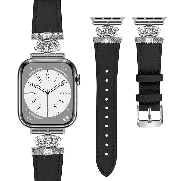 Leather Strap for Apple Watch 10 46mm / Ultra 2 / Ultra 49mm / 9 8 7 45mm / SE (2023) SE (2022) SE 6 5 4 44mm / 3 2 1 42mm with Silver Buckle - Black