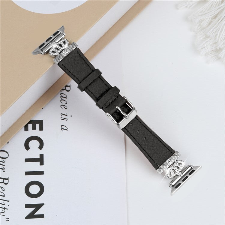 Leather Strap for Apple Watch 10 46mm / Ultra 2 / Ultra 49mm / 9 8 7 45mm / SE (2023) SE (2022) SE 6 5 4 44mm / 3 2 1 42mm with Silver Buckle - Black