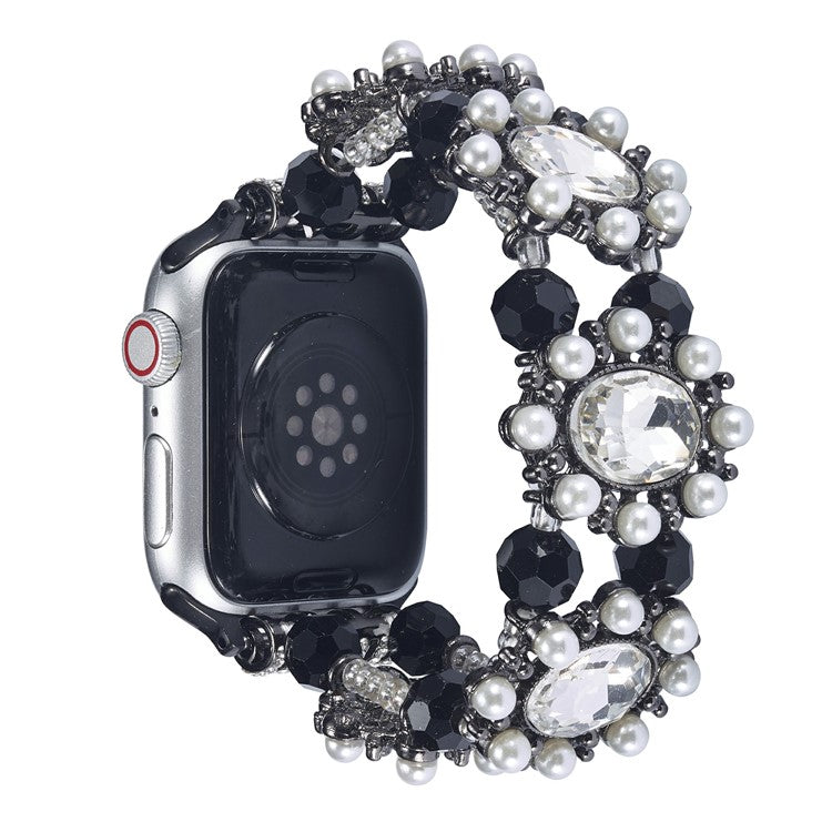 For Apple Watch 10 46mm / Ultra 2 / Ultra 49mm / 9 8 7 45mm / SE (2023) SE (2022) SE 6 5 4 44mm / 3 2 1 42mm Pearl Bracelet Watch Band - Rose Gold - Black