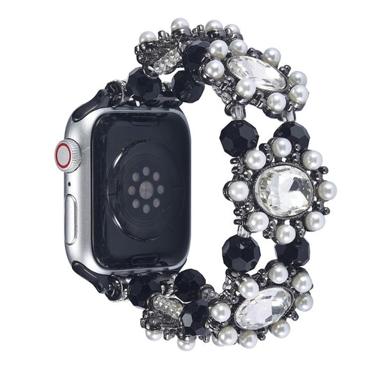 For Apple Watch 10 46mm / Ultra 2 / Ultra 49mm / 9 8 7 45mm / SE (2023) SE (2022) SE 6 5 4 44mm / 3 2 1 42mm Pearl Bracelet Watch Band - Rose Gold - Black