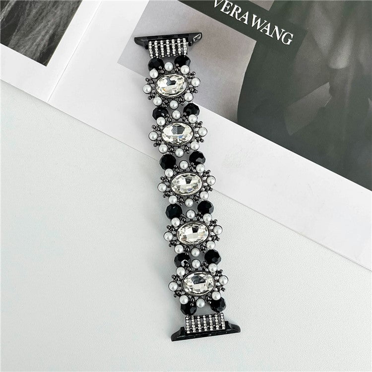 For Apple Watch 10 46mm / Ultra 2 / Ultra 49mm / 9 8 7 45mm / SE (2023) SE (2022) SE 6 5 4 44mm / 3 2 1 42mm Pearl Bracelet Watch Band - Rose Gold - Black