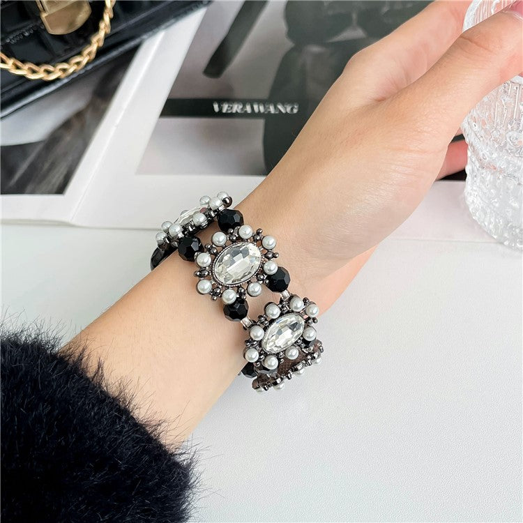 For Apple Watch 10 46mm / Ultra 2 / Ultra 49mm / 9 8 7 45mm / SE (2023) SE (2022) SE 6 5 4 44mm / 3 2 1 42mm Pearl Bracelet Watch Band - Rose Gold - Black
