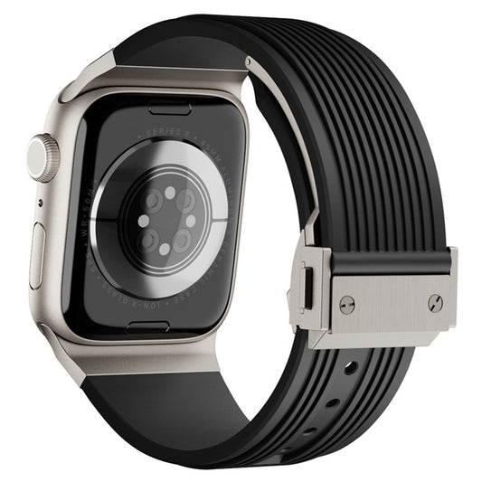For Apple Watch 10 46mm / Ultra 2 / Ultra 49mm / 9 8 7 45mm / SE (2023) SE (2022) SE 6 5 4 44mm / 3 2 1 42mm Silicone Watch Band - Titanium Buckle / Black Strap