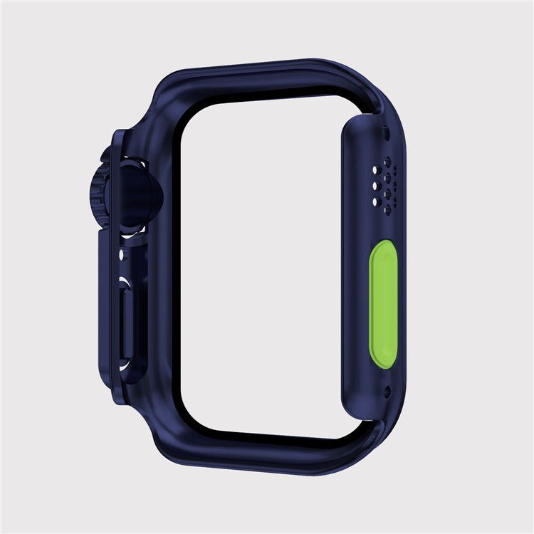 For Apple Watch Series 6 / 5 / 4 / SE / SE (2022) 44mm Watch Case Hard PC Watch Cover with Tempered Glass Screen Protector - Dark Blue / Fluorescent Green