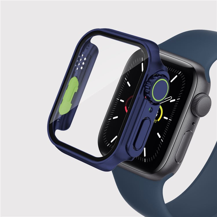 For Apple Watch Series 6 / 5 / 4 / SE / SE (2022) 44mm Watch Case Hard PC Watch Cover with Tempered Glass Screen Protector - Dark Blue / Fluorescent Green