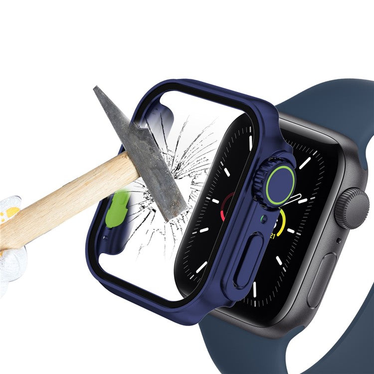 For Apple Watch Series 6 / 5 / 4 / SE / SE (2022) 44mm Watch Case Hard PC Watch Cover with Tempered Glass Screen Protector - Dark Blue / Fluorescent Green