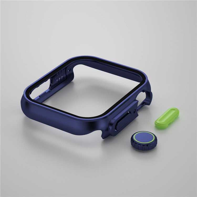 For Apple Watch Series 6 / 5 / 4 / SE / SE (2022) 44mm Watch Case Hard PC Watch Cover with Tempered Glass Screen Protector - Dark Blue / Fluorescent Green