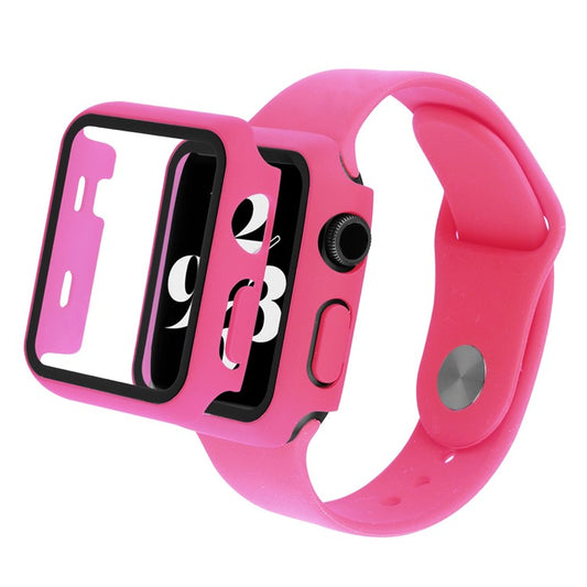 For Apple Watch Series 8 45mm / 7 45mm Soft Silicone Replacement Strap + Hard PC Watch Case with Tempered Glass Screen Protector - Rose