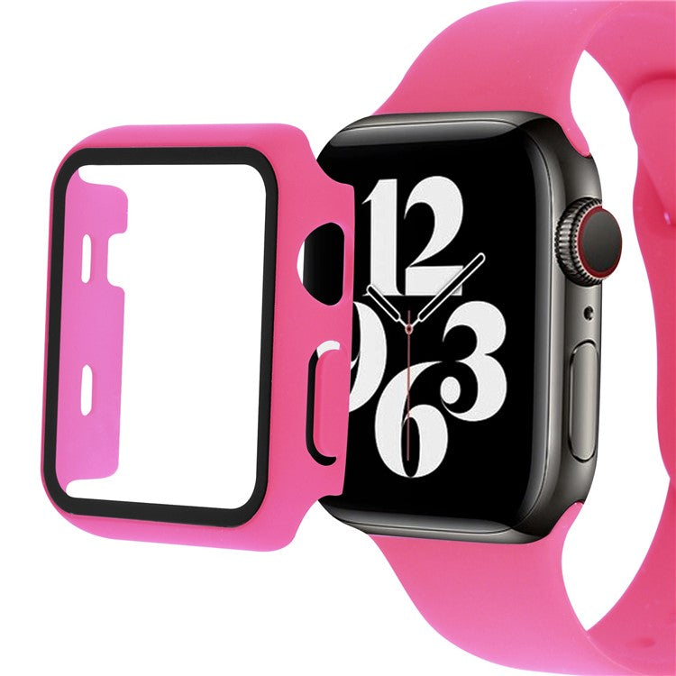 For Apple Watch Series 8 45mm / 7 45mm Soft Silicone Replacement Strap + Hard PC Watch Case with Tempered Glass Screen Protector - Rose