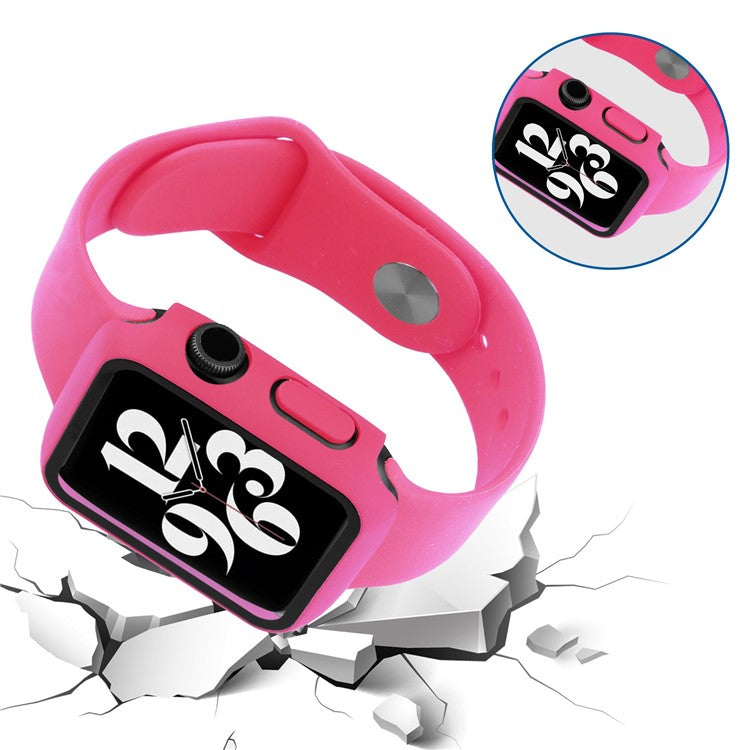 For Apple Watch Series 8 45mm / 7 45mm Soft Silicone Replacement Strap + Hard PC Watch Case with Tempered Glass Screen Protector - Rose
