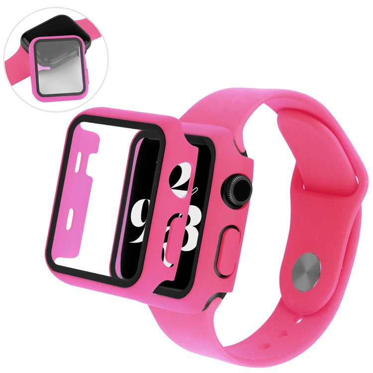 For Apple Watch Series 8 45mm / 7 45mm Soft Silicone Replacement Strap + Hard PC Watch Case with Tempered Glass Screen Protector - Rose