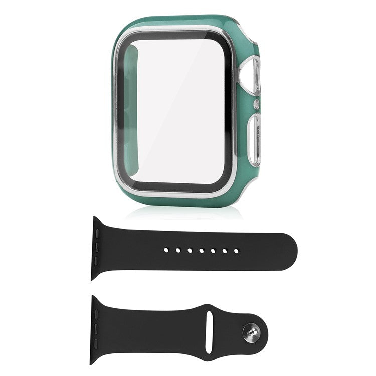 For Apple Watch Series 9 / 8 / 7 41mm Silicone Watch Band with Hard PC Electroplating Watch Case Built-in Tempered Glass Screen Protector - Blackish Green  /  Silver
