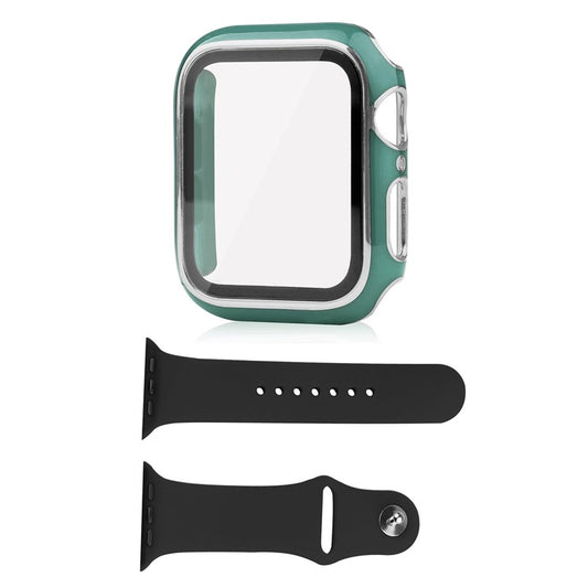 For Apple Watch Series 9 / 8 / 7 41mm Silicone Watch Band with Hard PC Electroplating Watch Case Built-in Tempered Glass Screen Protector - Blackish Green  /  Silver